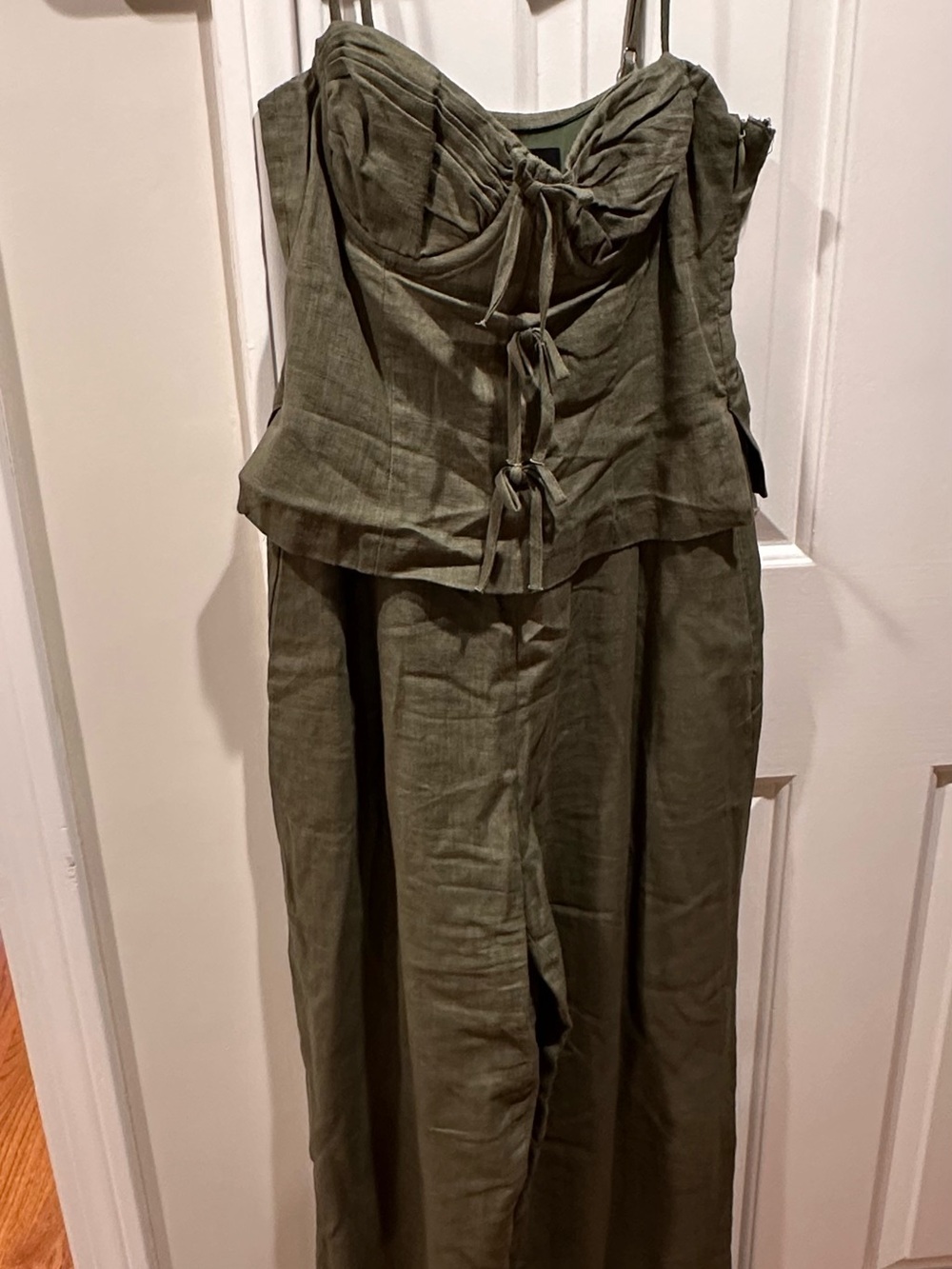 Zara Olive Green Linen-Blend Jumpsuit with Tie-Front Bodice